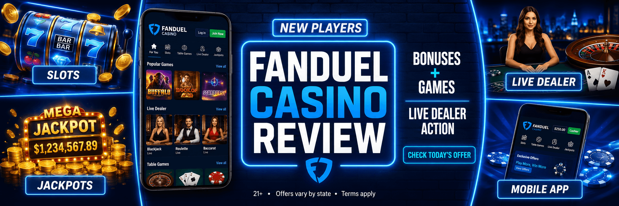 FanDuel Casino review hero showing slots, jackpots, live dealer action, mobile app play, bonuses, and today's offer