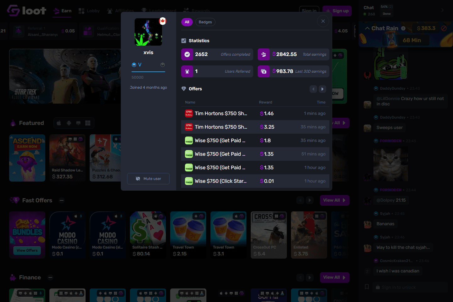 GemLoot Earn page showing provider offer cards and chat