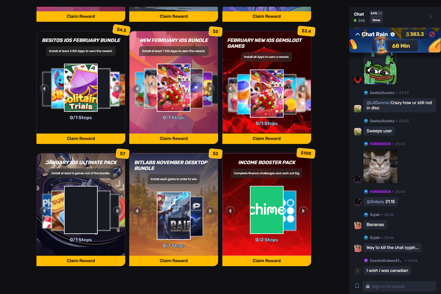 GemLoot reward bundle page showing app bundles and claim reward buttons