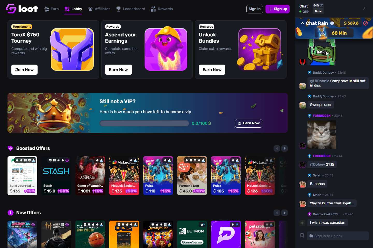 GemLoot Lobby showing Ascend your Earnings, Unlock Bundles, boosted offers, and chat