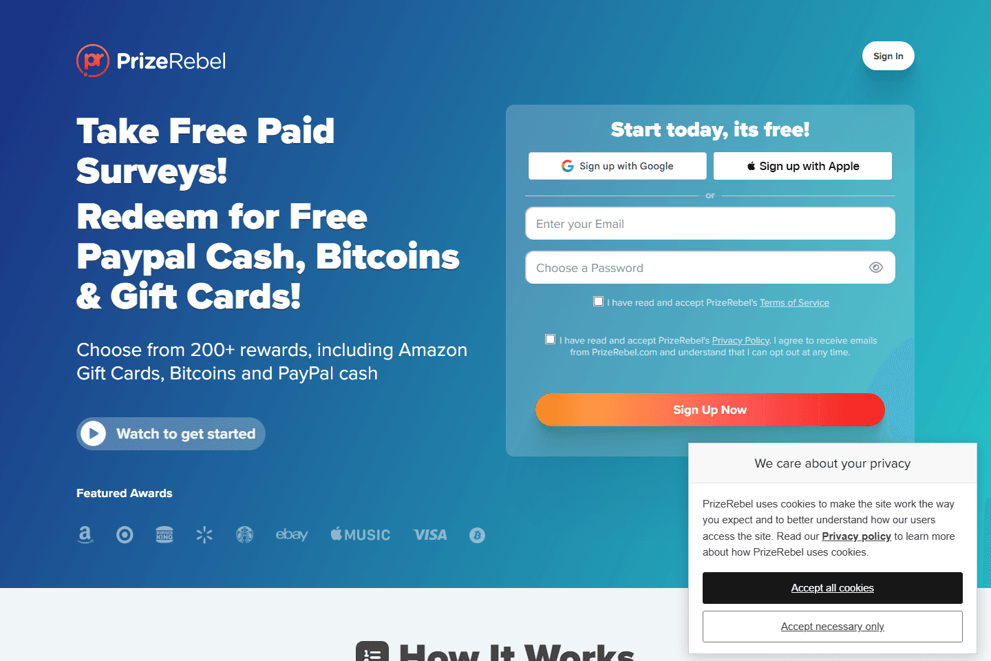 PrizeRebel homepage screenshot showing paid surveys and rewards