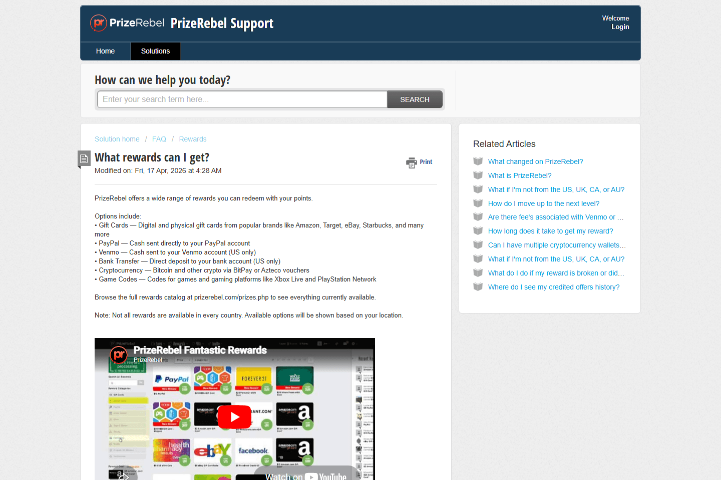 PrizeRebel support page listing reward options