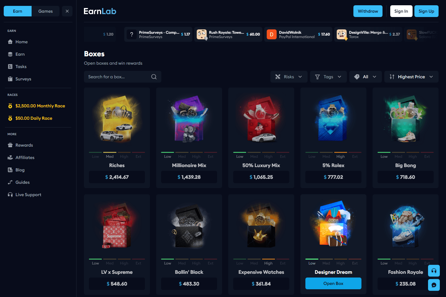 EarnLab Boxes page screenshot
