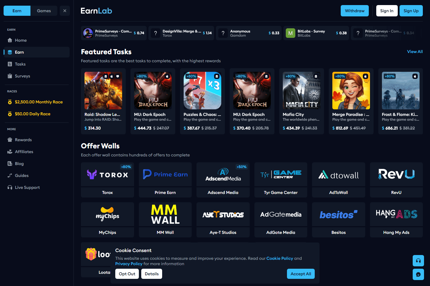 EarnLab Earn page with offerwall routes