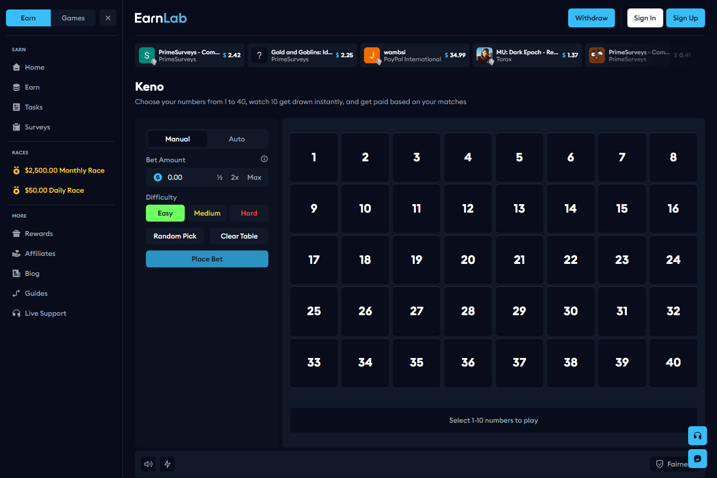 EarnLab Keno page screenshot