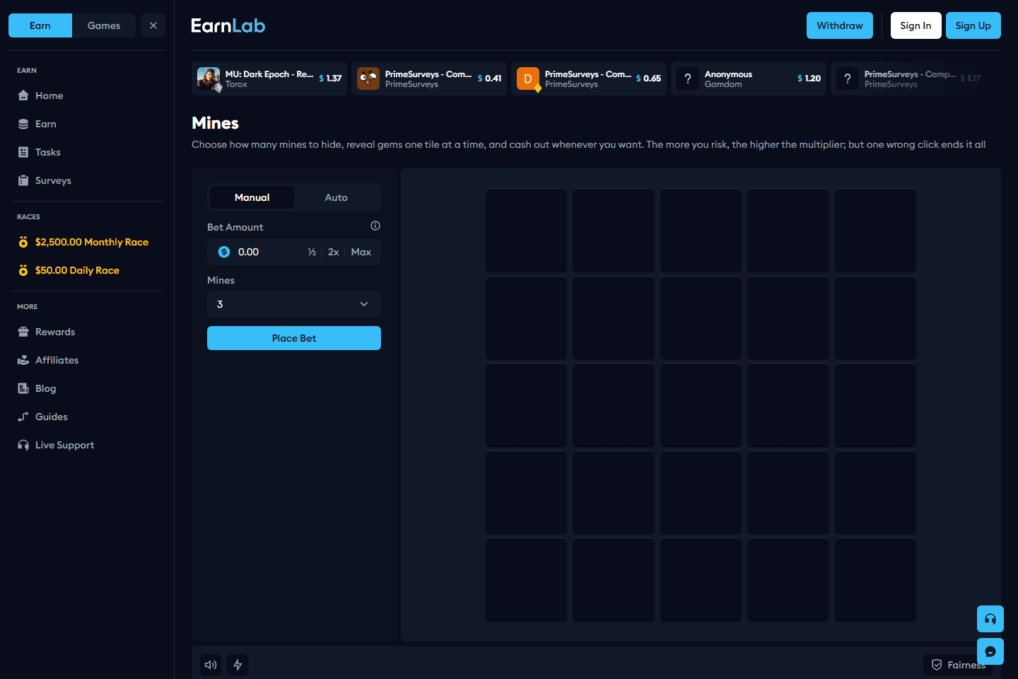 EarnLab Mines page screenshot