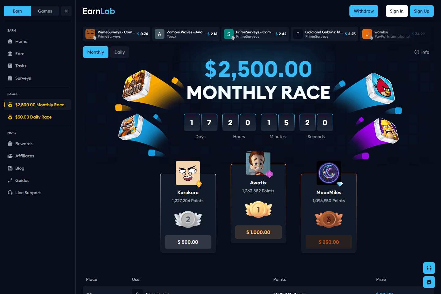 EarnLab monthly race page showing prize pool, timer, and leaders