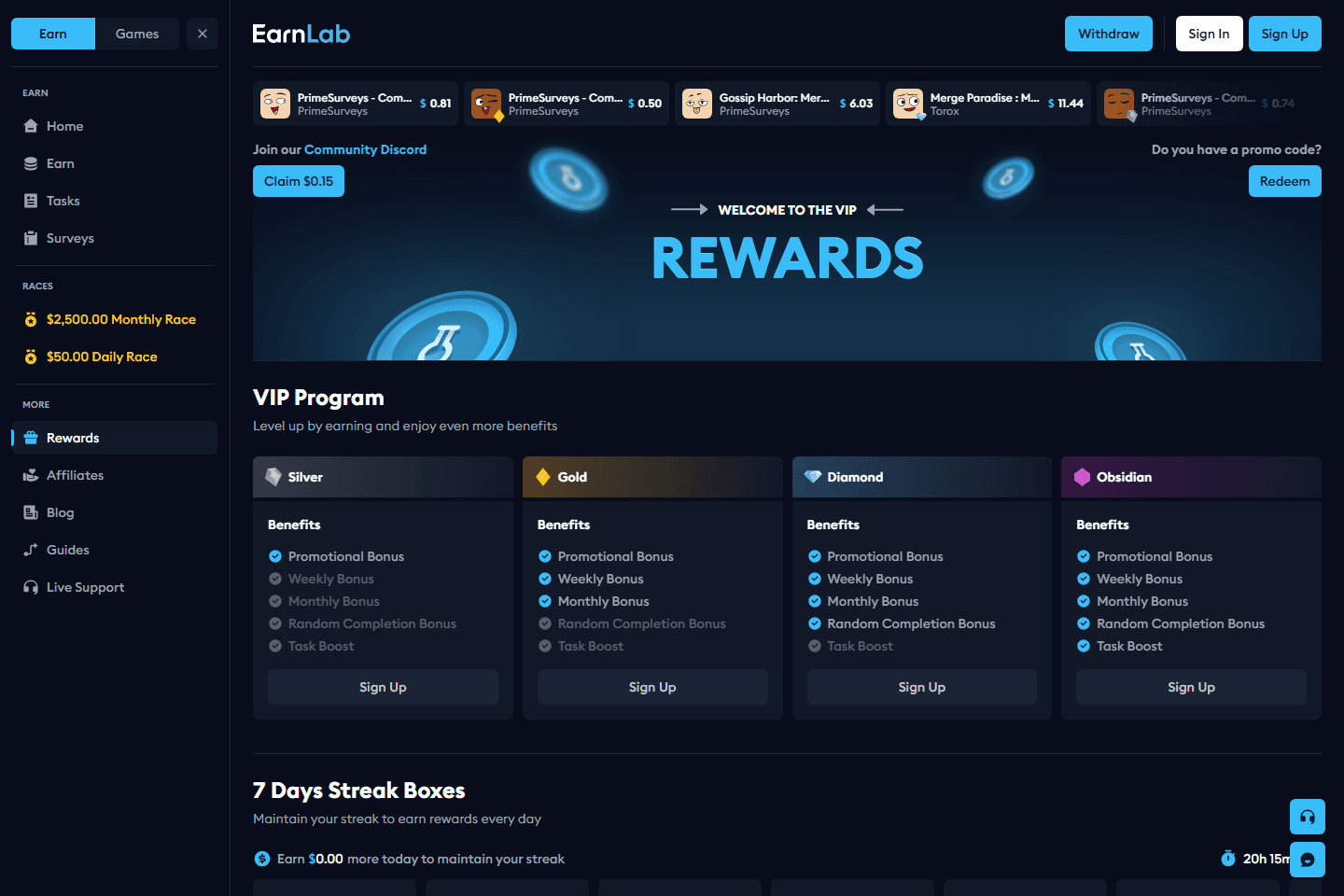 EarnLab rewards page showing VIP rewards, Discord claim, and promo code area