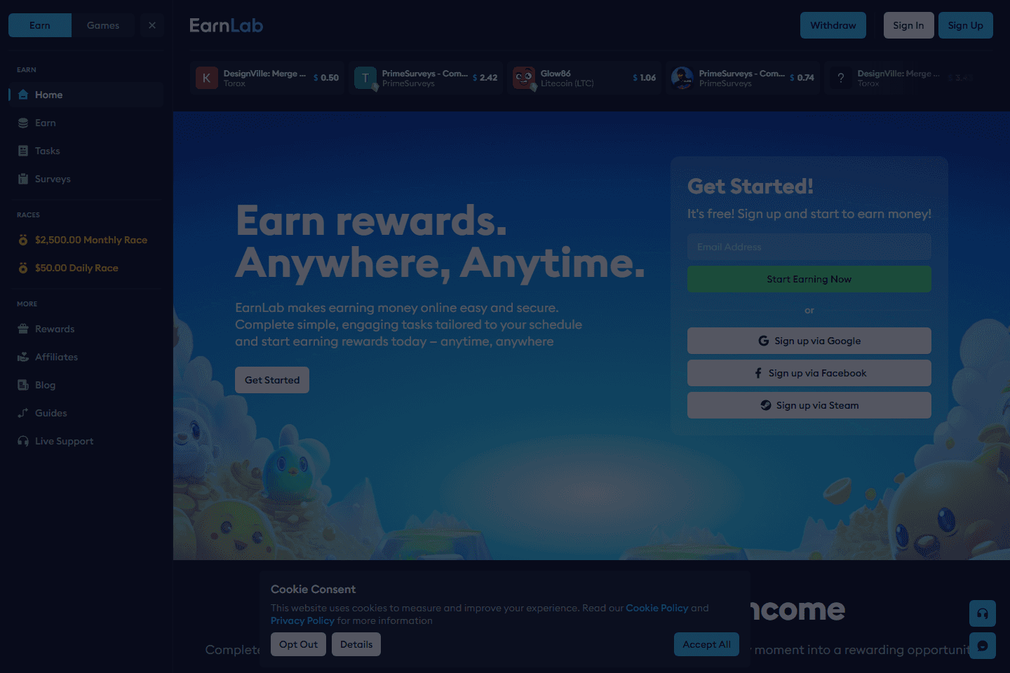 EarnLab Surveys page screenshot