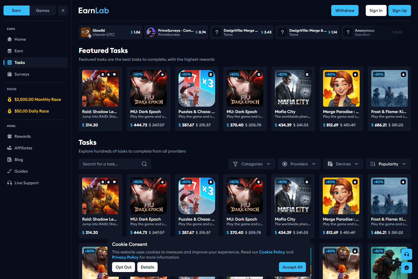 EarnLab Tasks page screenshot