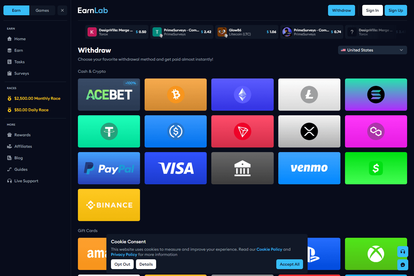 EarnLab Withdraw page showing cashout destination