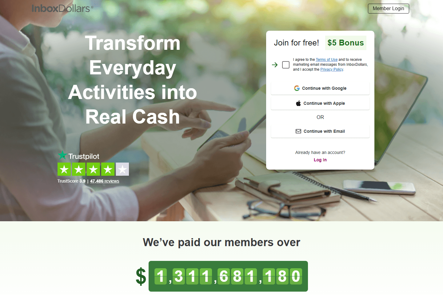 InboxDollars public signup and survey rewards page screenshot