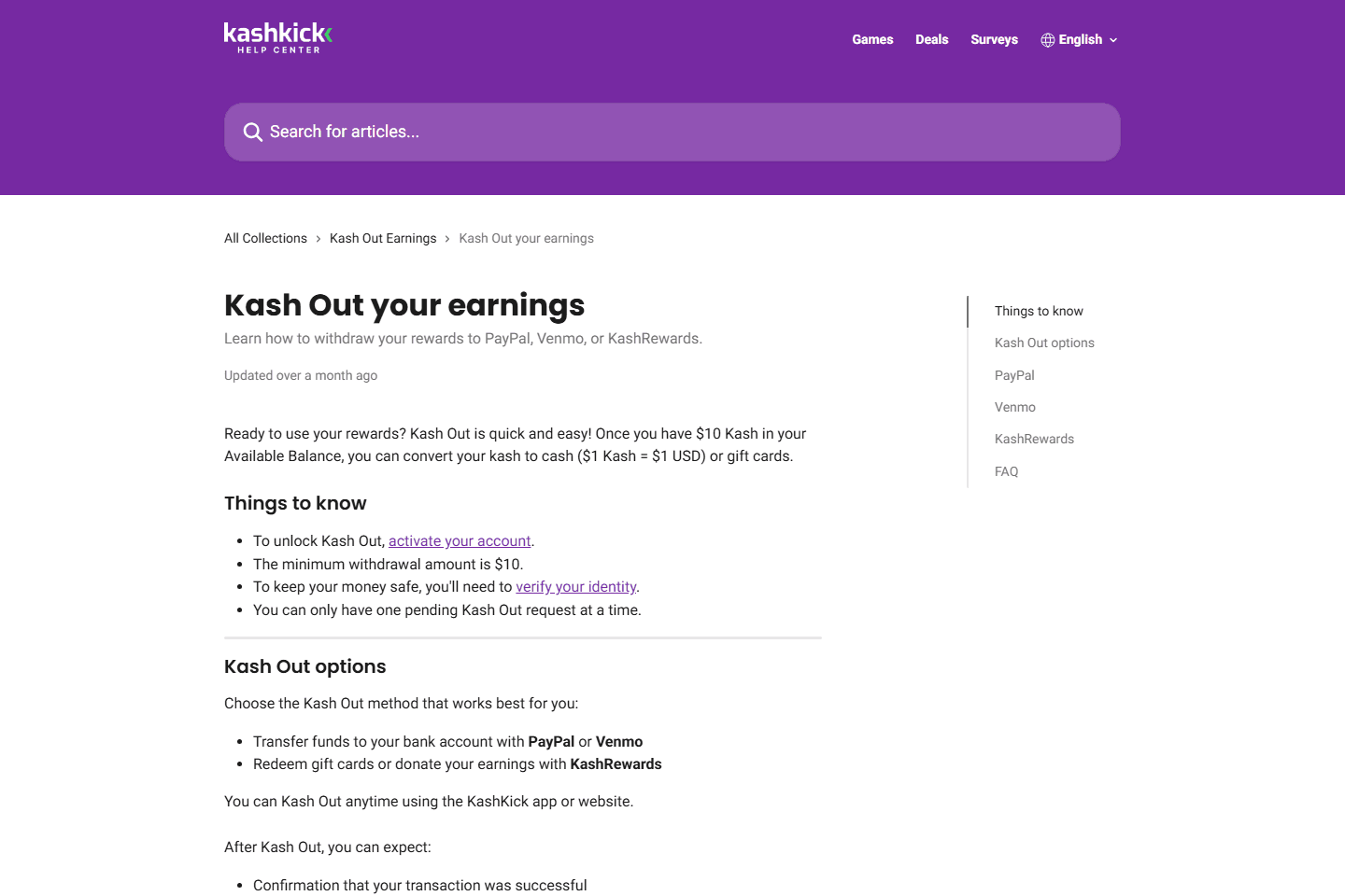 KashKick Kash Out help page showing withdrawal rules