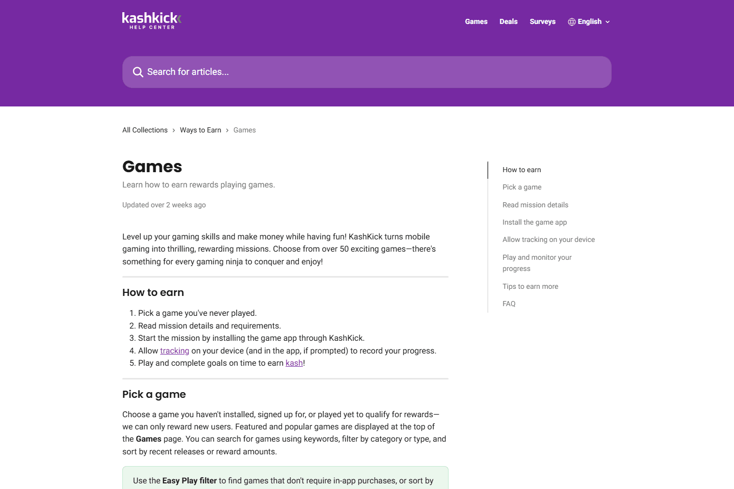 KashKick help page showing game mission instructions
