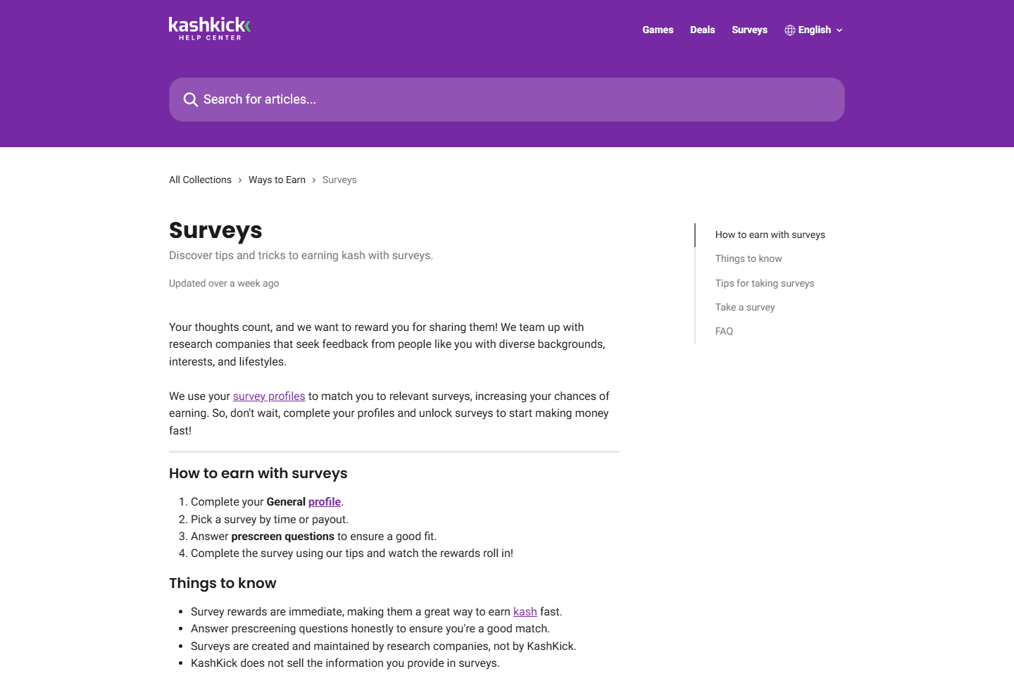 KashKick surveys help page with survey earning steps