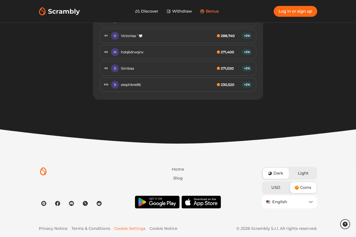 Scrambly affiliate and referral bonus page screenshot