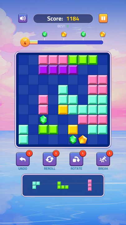 Block Puzzle Gems Adventure 8x8 jewel grid with shining gem blocks