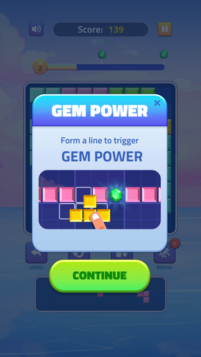 In-game booster bar showing Hammer, Bomb, and Rainbow Gem tools
