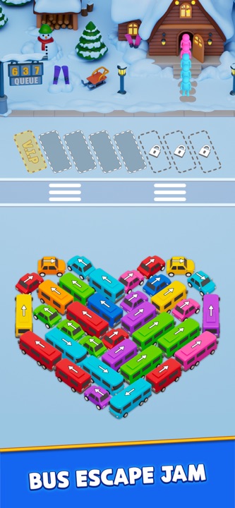 Bus Craze parking lot jam with colored buses and passenger queues