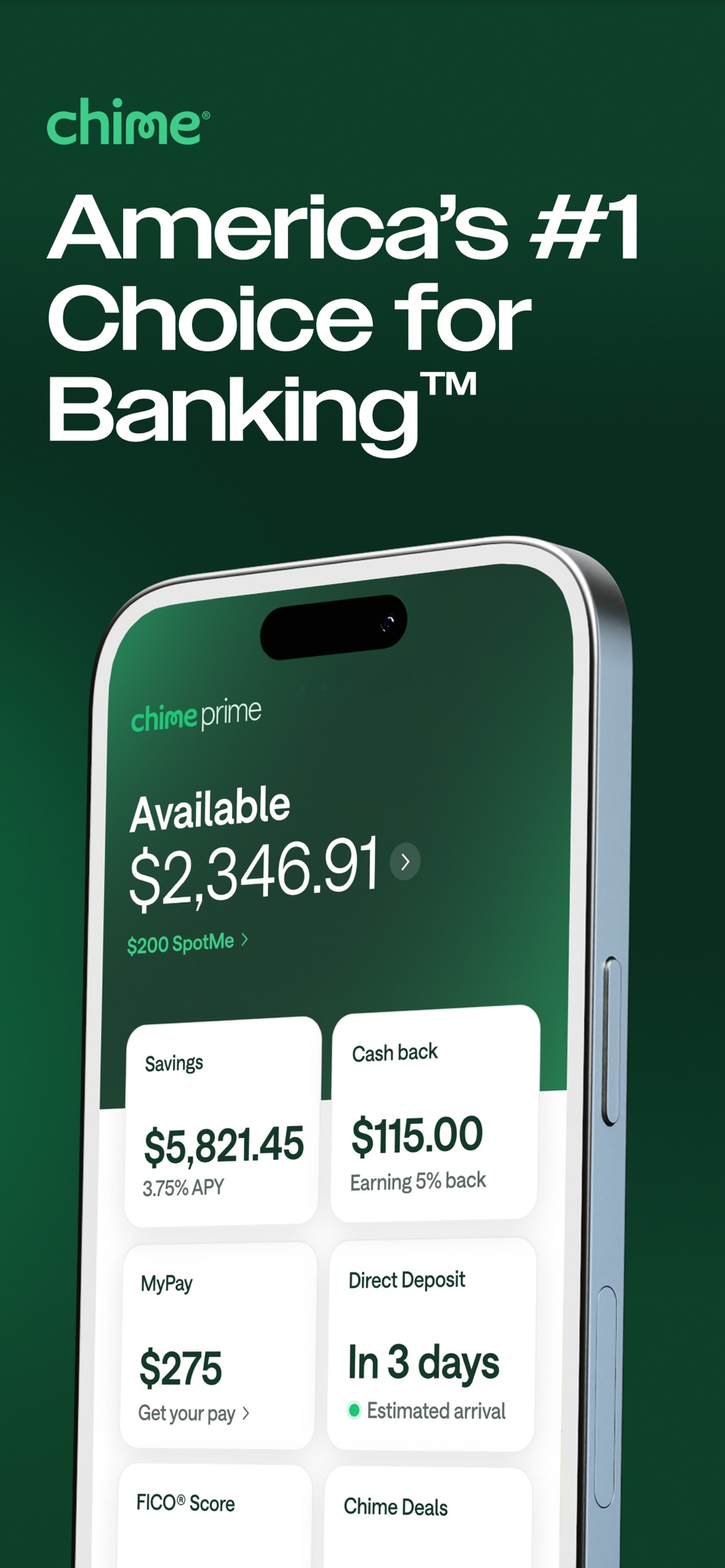 Chime mobile banking app dashboard and debit card