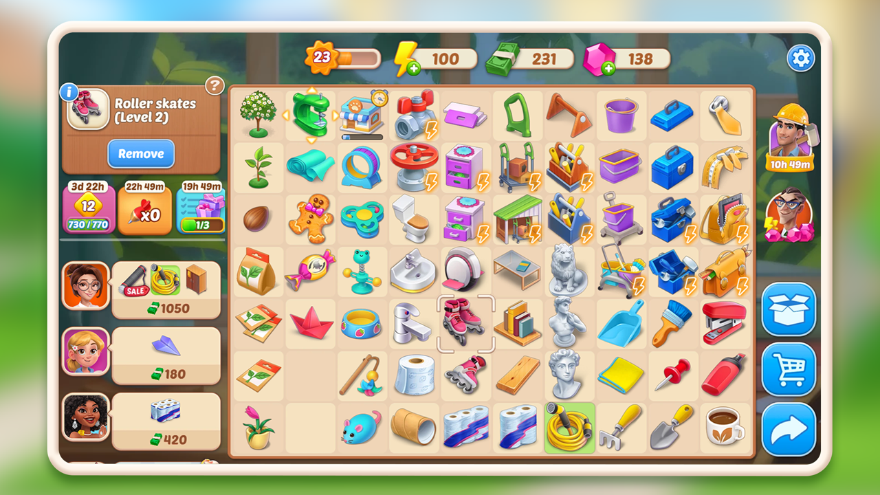 DesignVille merge board with toolboxes and design items