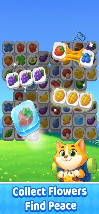 Active gameplay showing multi-layer crop tiles and booster controls