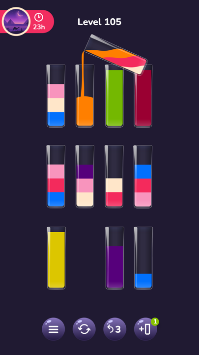 Love Water color sort puzzle showing glass test tubes filled with colored water layers