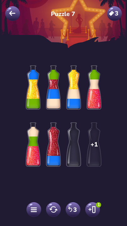 Active gameplay pouring colored water between glass flasks
