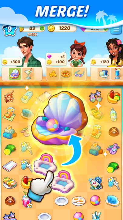 Merge Paradise tropical island map and initial merging board grid