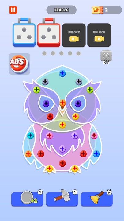 Active gameplay showing screw box color matching and empty holding holes
