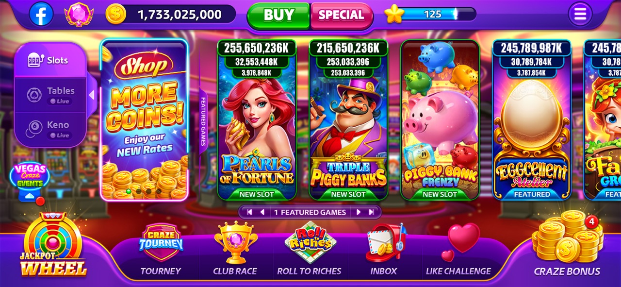 Vegas Craze Casino main slot lobby and welcome bonus banner