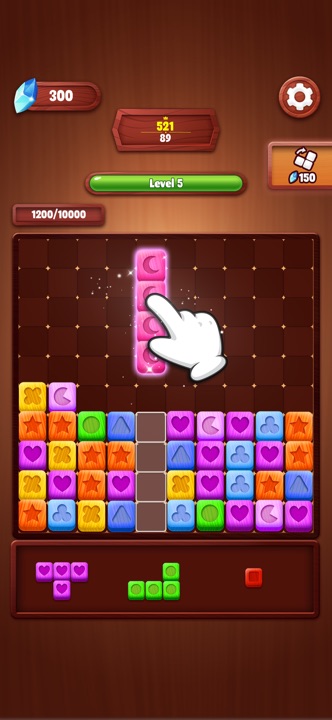 Woody Block Color Blast 10x10 puzzle grid and block tray