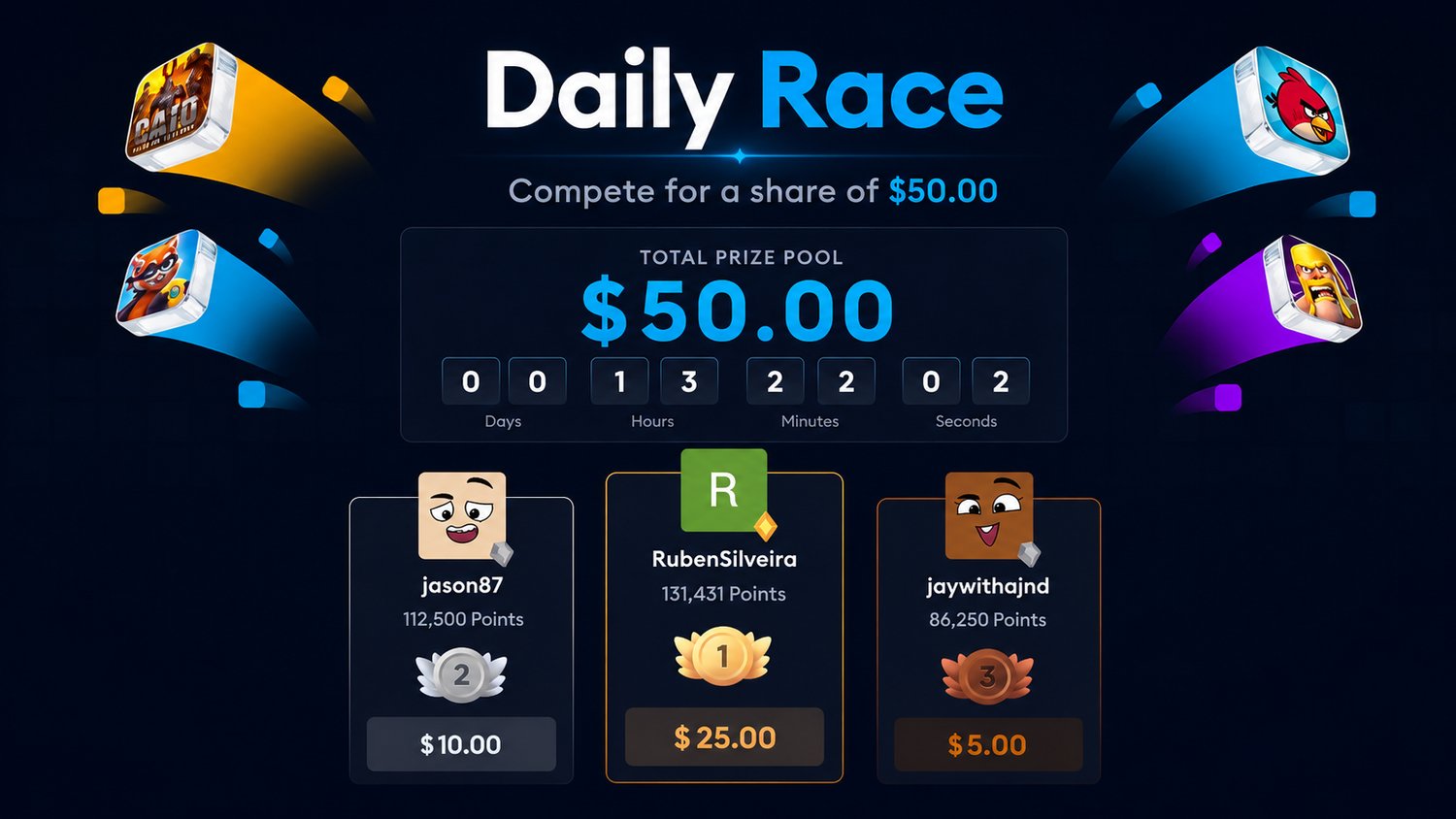 Daily Race visual: $50 prize pool, countdown, and shorter leaderboard window.
