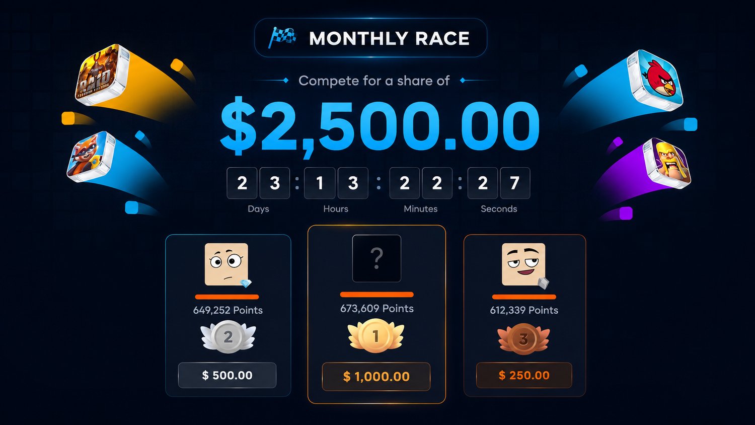 Monthly Race visual: $2,500 prize pool, countdown, and top-three leaderboard.