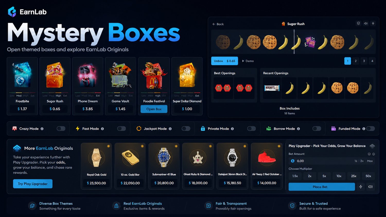 Mystery Boxes visual: box catalog, Sugar Rush opening flow, modes, and Upgrader context.