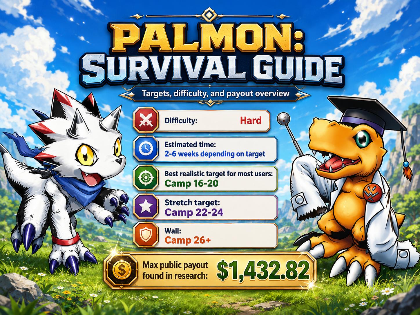 Palmon Survival targets difficulty payout and camp milestone overview