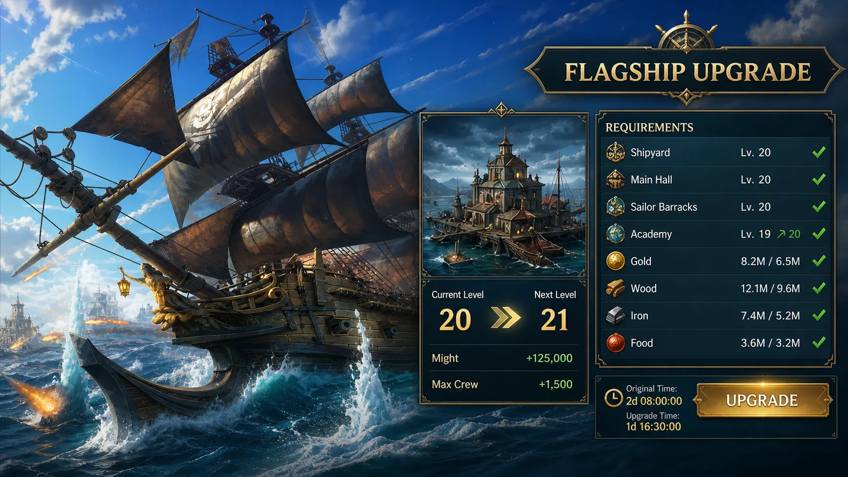 Sea of Conquest Flagship upgrade from Level 20 to Level 21