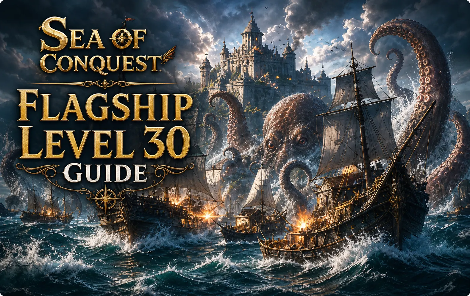 Sea of Conquest ships sailing toward a fortress