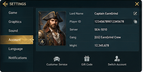 Sea of Conquest player ID screen for offerwall tracking proof